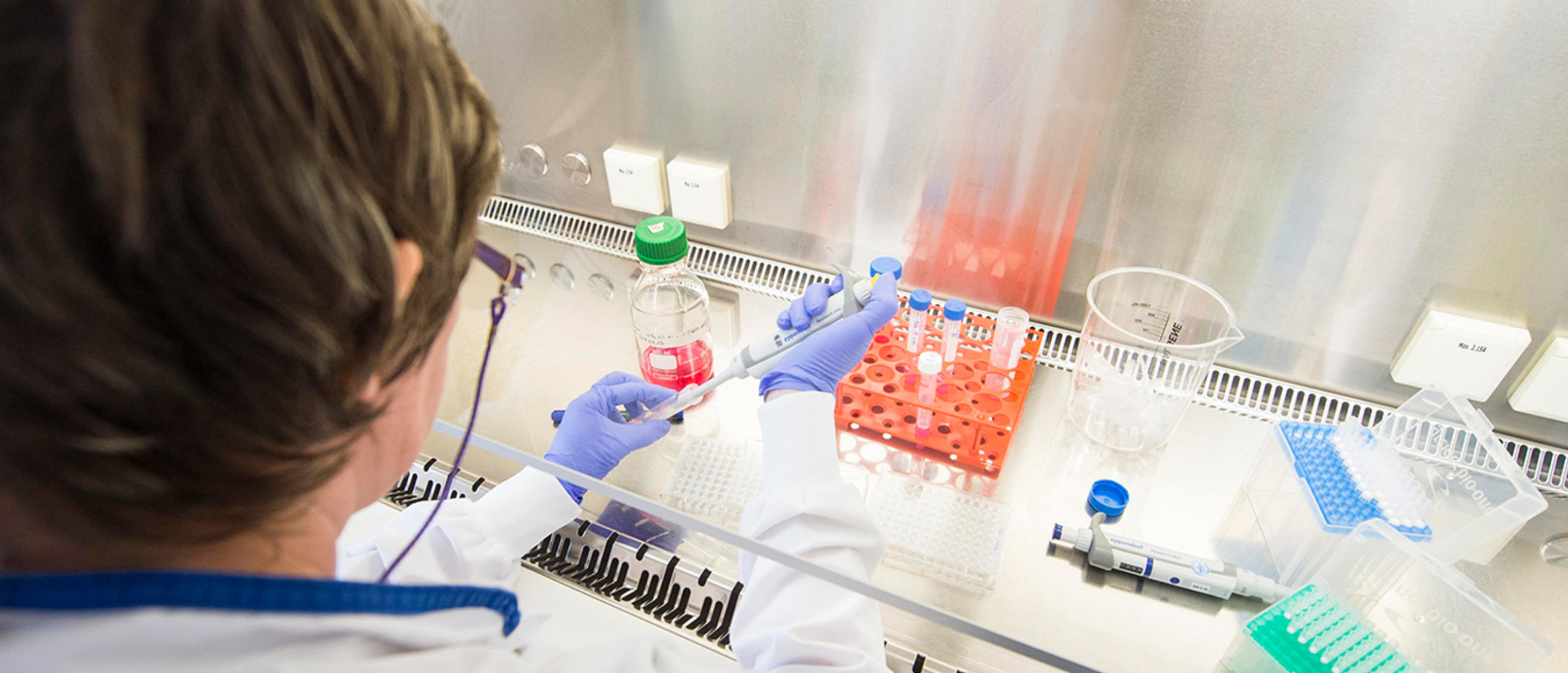 scientist filling test tubes at a bench